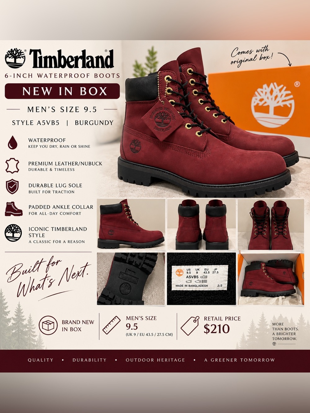 Timberland 6-Inch Waterproof Burgundy Boots A5VB5 Men’s 9.5 NIB